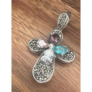 925 Sterling Silver Multi Color Rhinestone Cross 1.25" Pendant